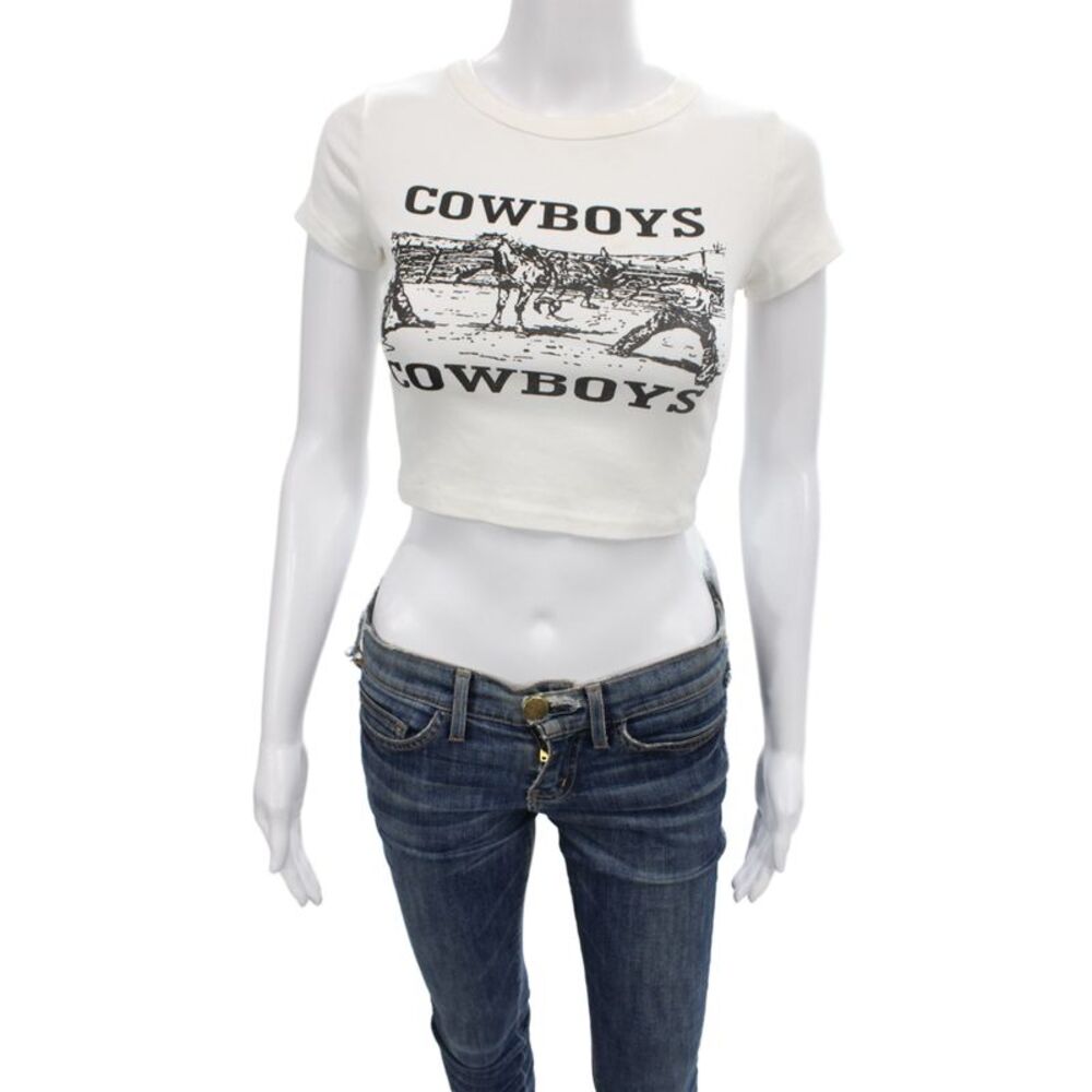 Designer Womens Cropped Cowboy Graphic T-Shirt White Cotton Size S